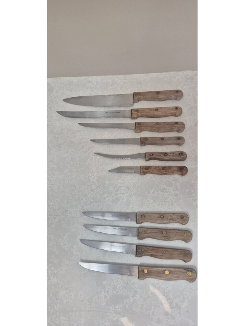 Vintage Barclay-Lausanne 10pc Knife Set Full Tang Stainless Steel Wood Handles